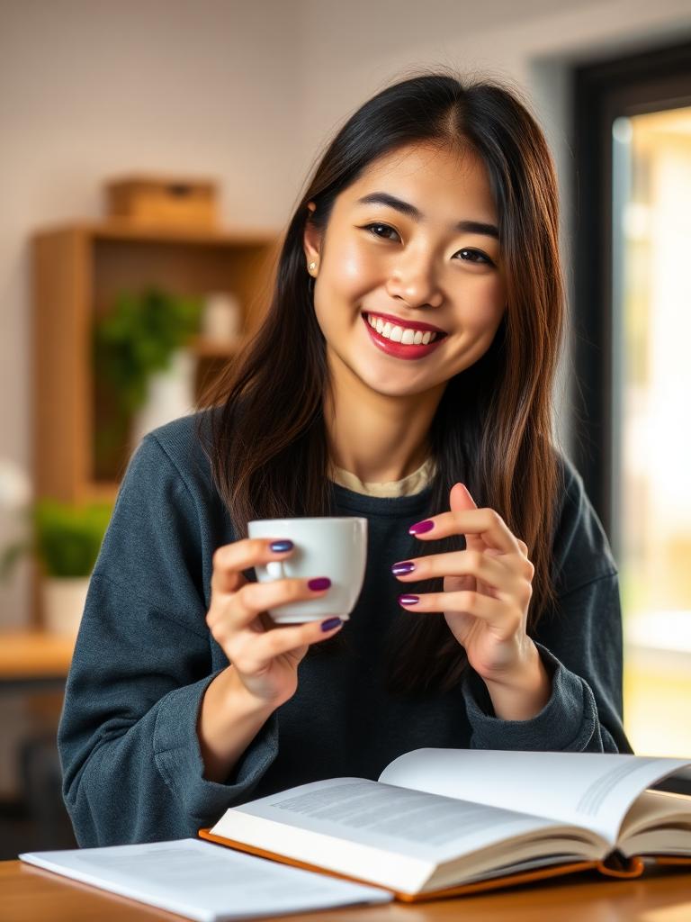 Student smiling with coffee